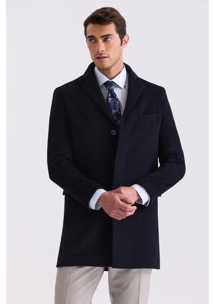 Koyu Lacivert Regular Fit Mono Yaka Yünlü Kaşe Kaban