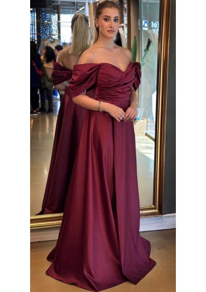 Vişne Renk Düşük Kollu Anvelop Yırtmaçlı Kloş Etekli Saten Uzun Abiye Elbise 7568