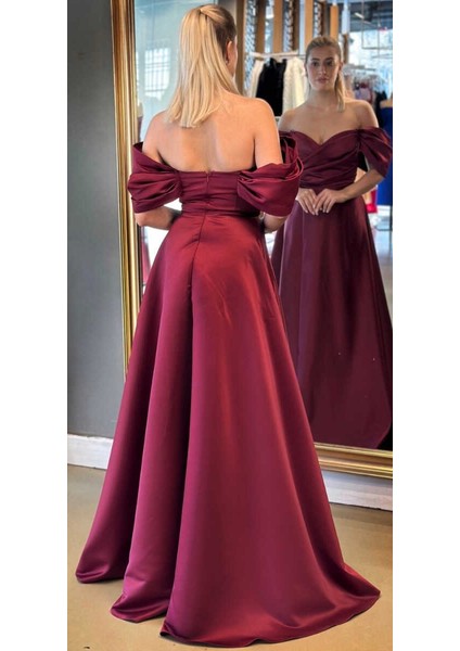 Vişne Renk Düşük Kollu Anvelop Yırtmaçlı Kloş Etekli Saten Uzun Abiye Elbise 7568 indirimleri