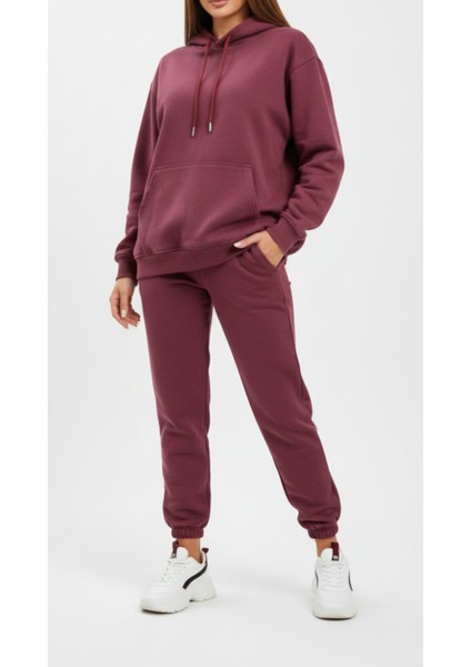 Kadın Üç Iplik Şardonlu Fermuarlı Cepli Lastikli Paça Kapüşonlu Kanguru Cep Eşofman Takımı