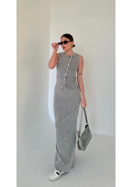 Uzun Etekli Önü Düğmeli Badi Ikili Takım- Gri fırsatları