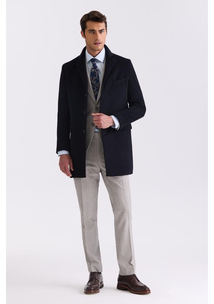 Koyu Lacivert Regular Fit Mono Yaka Yünlü Kaşe Kaban