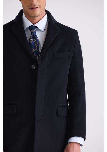 Koyu Lacivert Regular Fit Mono Yaka Yünlü Kaşe Kaban
