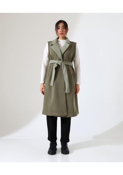 Kadın Çift Cep Bağlamalı Uzun Yelek