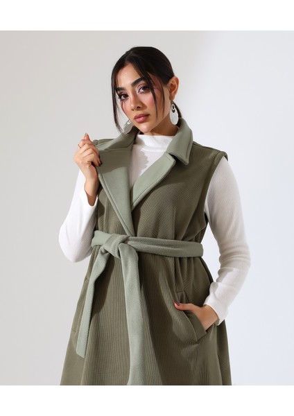 Kadın Çift Cep Bağlamalı Uzun Yelek