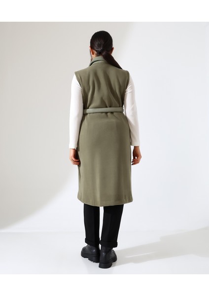 Kadın Çift Cep Bağlamalı Uzun Yelek