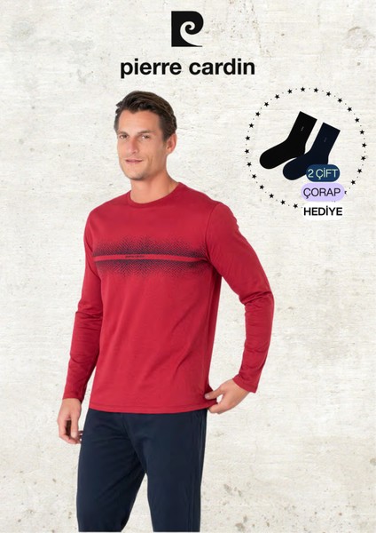 Erkek %100 Pamuk Uzun Kollu Desenli Bordo Pijama Takımı (2 Adet Hediye Çorap) L1.PC.6102.001