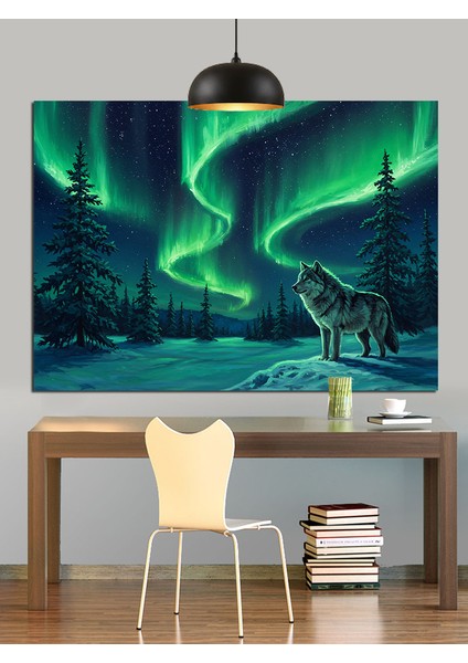 Kuzey Işıkları Kurt Manzarası Dekoratif Kanvas - Mdf Ahşap Tablo