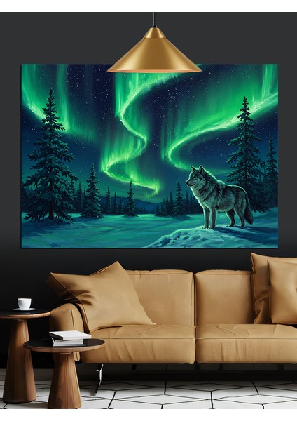 Kuzey Işıkları Kurt Manzarası Dekoratif Kanvas - Mdf Ahşap Tablo modelleri