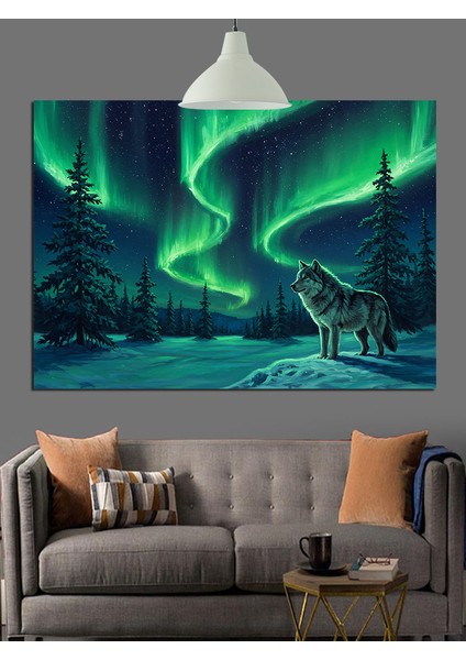 Kuzey Işıkları Kurt Manzarası Dekoratif Kanvas - Mdf Ahşap Tablo indirimleri