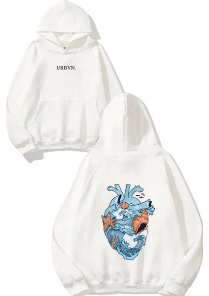 Heart Ocean Tasarım Baskılı Oversize Beyaz Kapüşonlu Sweatshirt