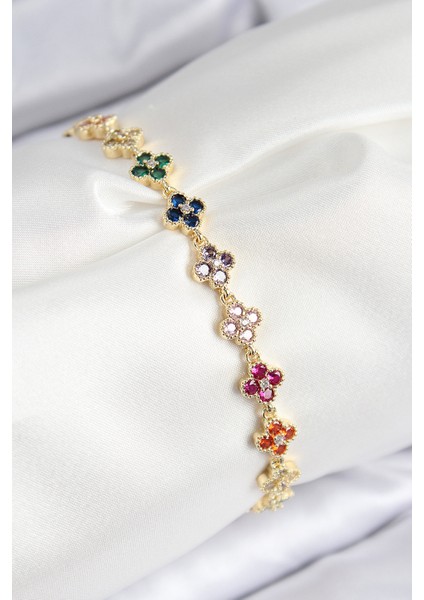 VIP Pirinç Renkli Zirkon Taşlı Yonca Model Gold Renk Kadın Bileklik