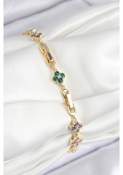 VIP Pirinç Renkli Zirkon Taşlı Yonca Model Gold Renk Kadın Bileklik fiyatları