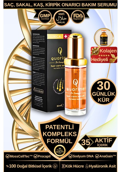 Quarine Onarıcı Premium Saç Serumu (1 Aylık) Dökülmelere Karşı Bitkisel Kök Hücre Ekstratları, Vitamin ve Mineral Içeren %100 Saf ve Doğal Saç, Sakal, Kaş, Kirpik için Serum