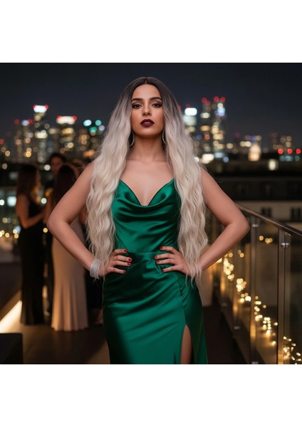 Fiber Sentetik Uzun Su Dalgası Peruk - Kahve / Platin Ombreli