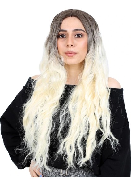 Fiber Sentetik Uzun Su Dalgası Peruk - Kahve / Platin Ombreli fiyatları