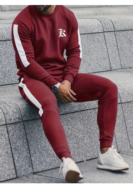 Büyük Beden Özel Tasarım R Tribal Baskılı Şerit Dikişli %100 Pamuk Dış Mekan Erkek Eşofman Takımı