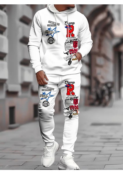 Büyük Beden Özel Tasarım Kapüşonlu R Cool Karma Baskılı %100 Pamuk 3 Iplik Hip Hop Kışlık Erkek Eşofman Takımı