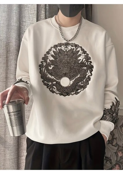 Büyük Beden Özel Tasarım Eskitme Varak Dragon Baskılı %100 Pamuk Şık Erkek Sweatshırt