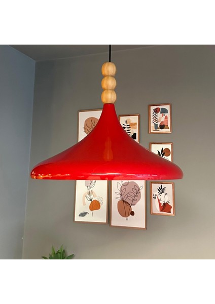 45 cm Çaplı Xl Kırmızı Ahşap Üç Boncuklu Avize Tekli Sarkıt Restoran Salon Mutfak Avizeleri