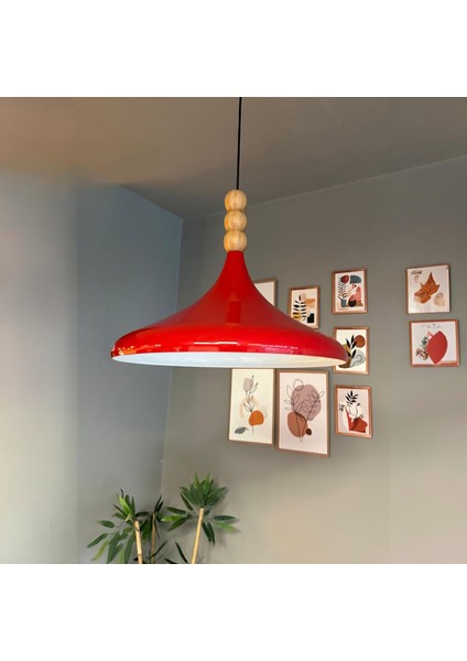 45 cm Çaplı Xl Kırmızı Ahşap Üç Boncuklu Avize Tekli Sarkıt Restoran Salon Mutfak Avizeleri indirimleri