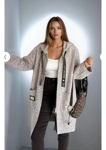 M39113 Kadın Kapüşonlu Torba Cep Astarsız Hafif Buklet Kaşe Oversize Kaban Taş