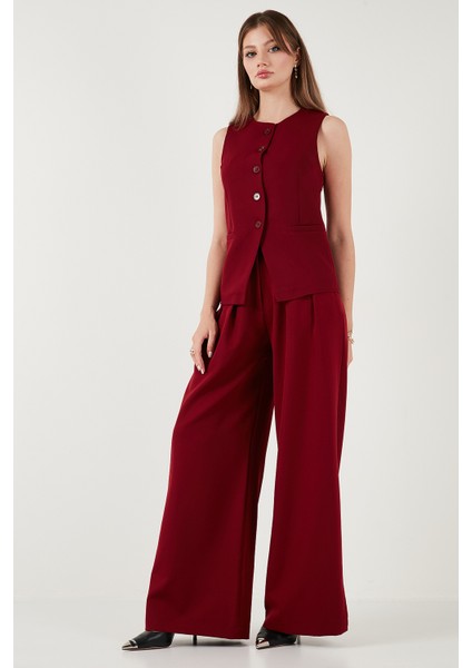 Pile Detaylı Wide Leg Yüksek Bel Geniş Paça Pantolon Bayan Pantolon 6522016