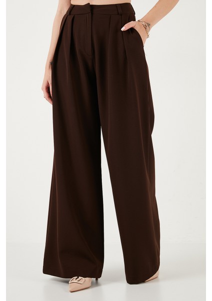 Pile Detaylı Wide Leg Yüksek Bel Geniş Paça Pantolon Bayan Pantolon 6522016 fırsatları