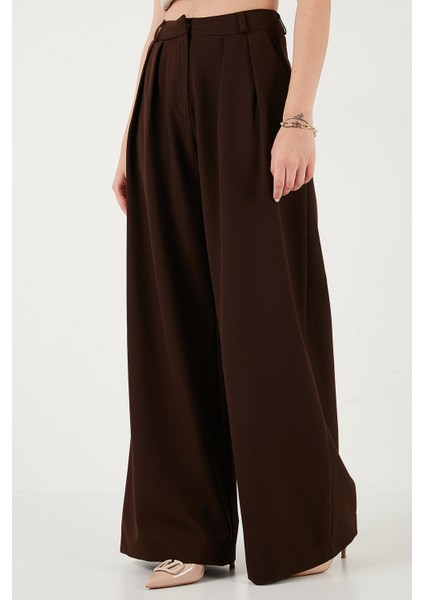 Pile Detaylı Wide Leg Yüksek Bel Geniş Paça Pantolon Bayan Pantolon 6522016 indirimleri