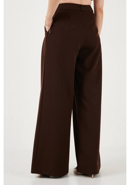 Pile Detaylı Wide Leg Yüksek Bel Geniş Paça Pantolon Bayan Pantolon 6522016