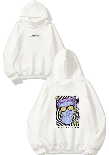 Just Psycho Tasarım Baskılı Oversize Beyaz Kapüşonlu Sweatshirt