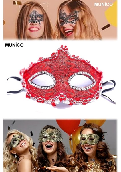 Sexy Kristal Taşlı Kırmızı Maske Dantelli Elastik Sabitlemeli Bride ve After Parti Için Ideal