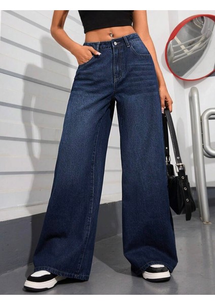 2020 Kadın Likrasız Palazzo Jeans Kot Denim Pantolon - Koyu Mavi