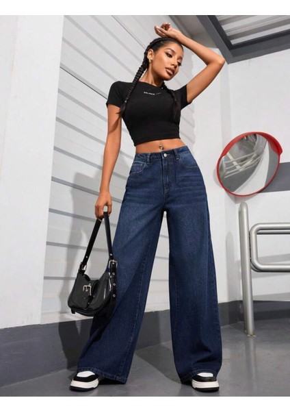 2020 Kadın Likrasız Palazzo Jeans Kot Denim Pantolon - Koyu Mavi modelleri