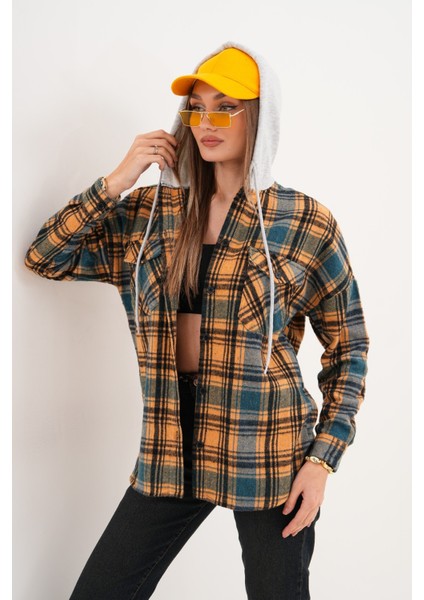 Kadın Desenli Renkli Oduncu Oversize Bol ve Geniş Kalıp Casual Çift Kapüşonlu Ceket Gömlek