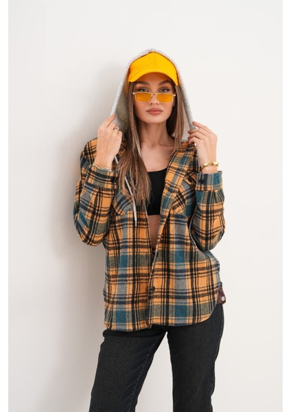 Kadın Desenli Renkli Oduncu Oversize Bol ve Geniş Kalıp Casual Çift Kapüşonlu Ceket Gömlek fiyatları