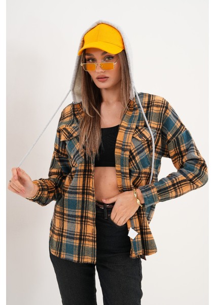 Kadın Desenli Renkli Oduncu Oversize Bol ve Geniş Kalıp Casual Çift Kapüşonlu Ceket Gömlek indirimleri