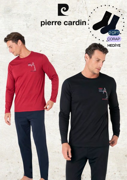 Erkek %100 Pamuk Uzun Kol Baskılı Bordo & Siyah Iki Adet Pijama Takımı L1.PC.6103.002