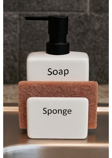 Seramik Sabunluk ve Süngerlik Seti Modern Mutfak Banyo Deterjan Dispenser Organizer 380 ml 9X7X17 cm