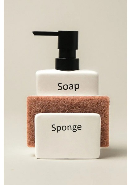 Seramik Sabunluk ve Süngerlik Seti Modern Mutfak Banyo Deterjan Dispenser Organizer 380 ml 9X7X17 cm fiyatları