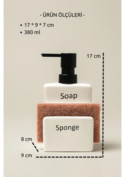 Seramik Sabunluk ve Süngerlik Seti Modern Mutfak Banyo Deterjan Dispenser Organizer 380 ml 9X7X17 cm modelleri