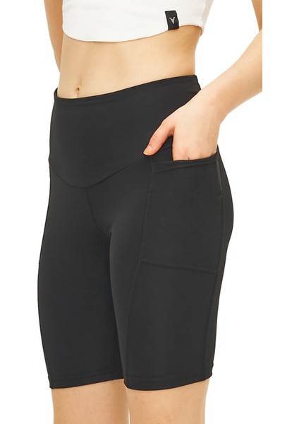 Biker Şort Iki Cepli Yüksek Bel Toparlayıcı Bisikletçi Kısa Spor Şort