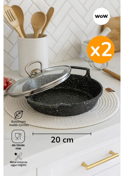 2'li Döküm Granit 20CM Kapaklı Sahan Tava