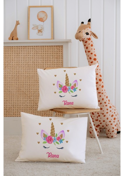 %100 Pamuk Isme Özel 2li Ekru Bebek Yastık Kılıfı 35X45 Cm-Unicorn