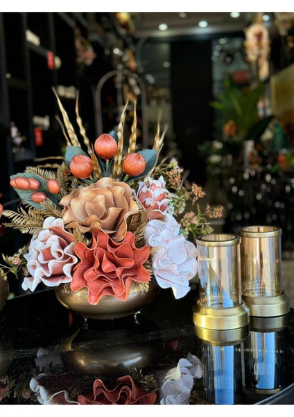 Yapay Çiçekli Antik Yassı Vazo 3 Parça Set No:10