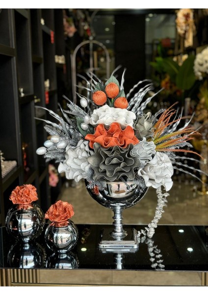 Yapay Çiçekli Gümüş Kare Ayak Vazo 3 Parça Set No:1