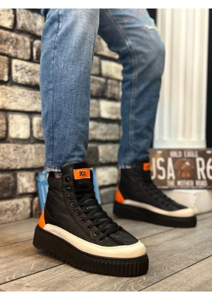 BA0811 Yüksek Siyah Taban Paraşüt Kumaş Turuncu Cilt Detaylı Yarım Bilek Spor Bot