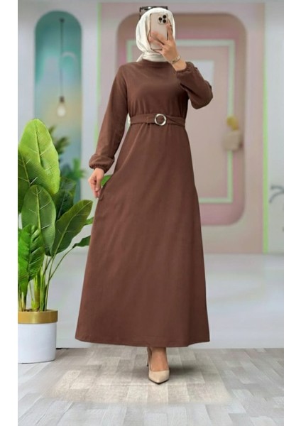 Kemer Detaylı Lastik Kollu Uzun Tesettür Elbise modelleri