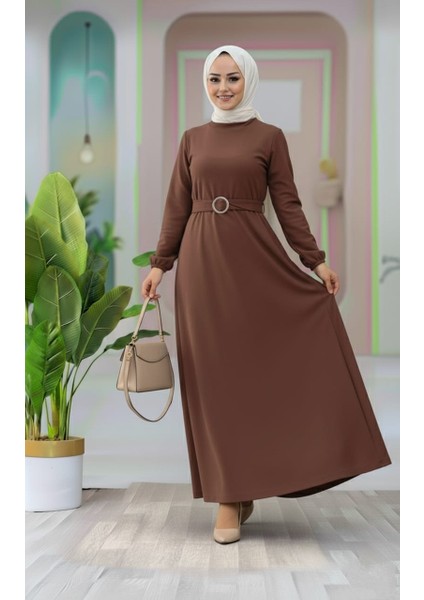 Kemer Detaylı Lastik Kollu Uzun Tesettür Elbise