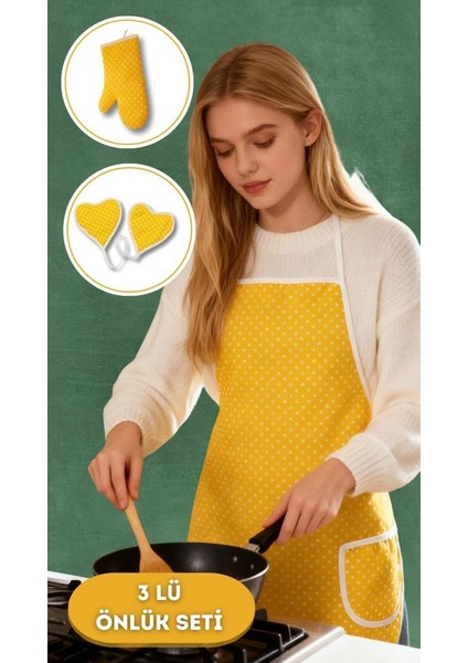 Puantiyeli Mutfak Seti 3’lü – Su Geçirmez Isıya Dayanıklı Önlük + Eldiven + Tutacak modelleri